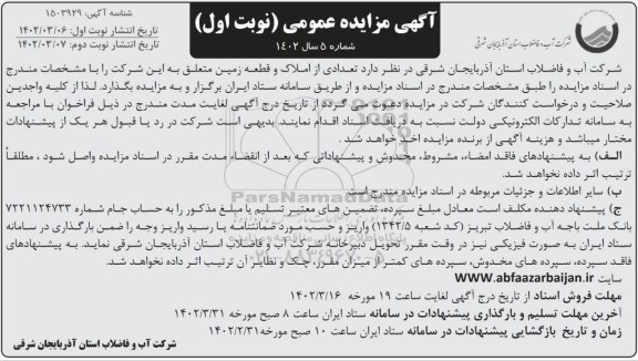 مزایده تعدادی از املاک و قطعه زمین