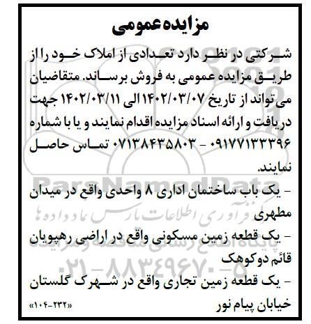 مزایده فروش تعدادی از املاک 