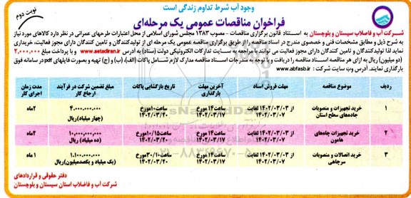 فراخوان مناقصه خرید تجهیزات و منصوبات....