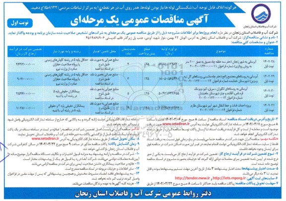 مناقصه پروژه آبرسانی به شهر و...