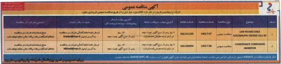 مناقصه LOW VOLTAGE CABLE ..