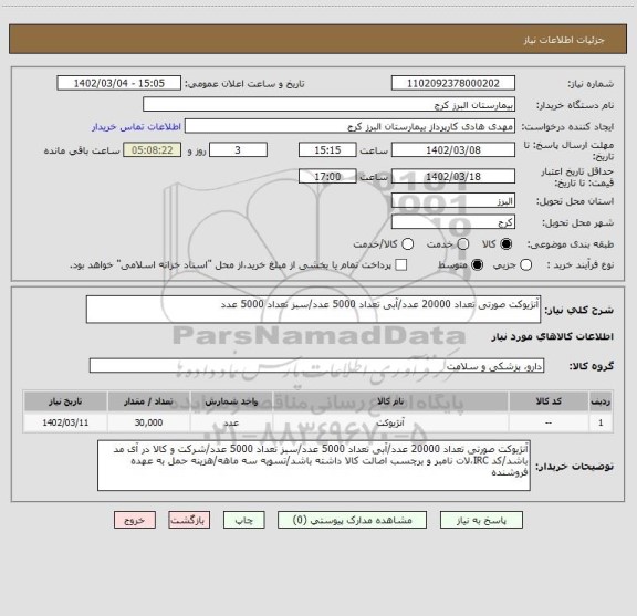 استعلام آنژیوکت صورتی تعداد 20000 عدد/آبی تعداد 5000 عدد/سبز تعداد 5000 عدد