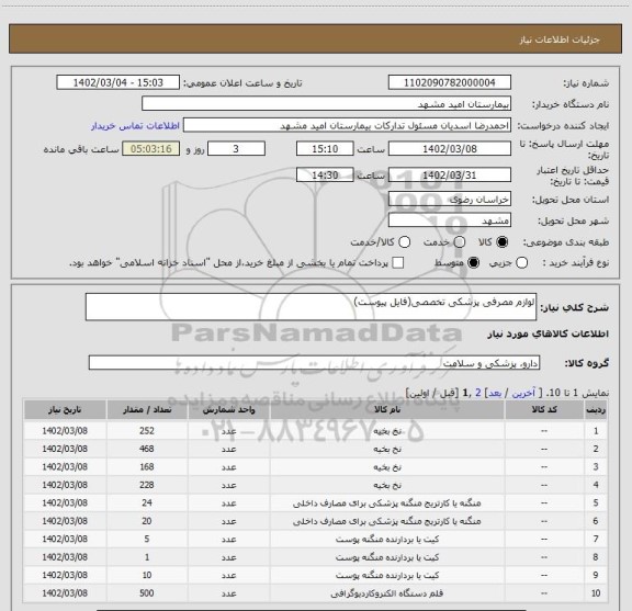 استعلام لوازم مصرفی پزشکی تخصصی(فایل پیوست)