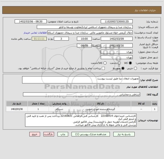 استعلام تجهیزات انتقال دیتا طبق لیست پیوست