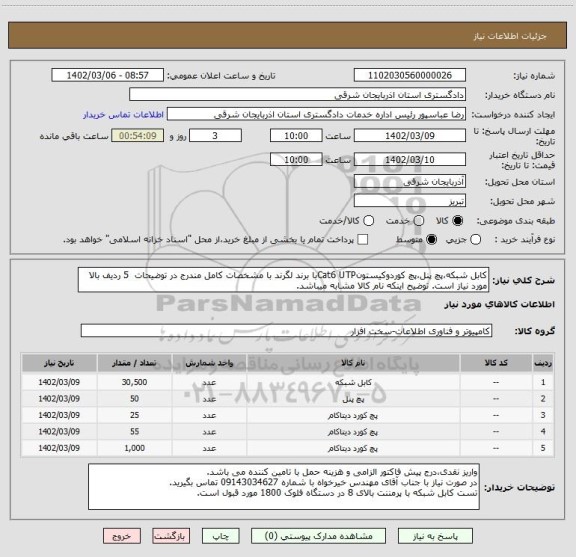 استعلام کابل شبکه،پچ پنل،پچ کوردوکیستونCat6 UTPبا برند لگرند با مشخصات کامل مندرج در توضیحات  5 ردیف بالا مورد نیاز است. توضیح اینکه نام کالا مشابه میباشد.