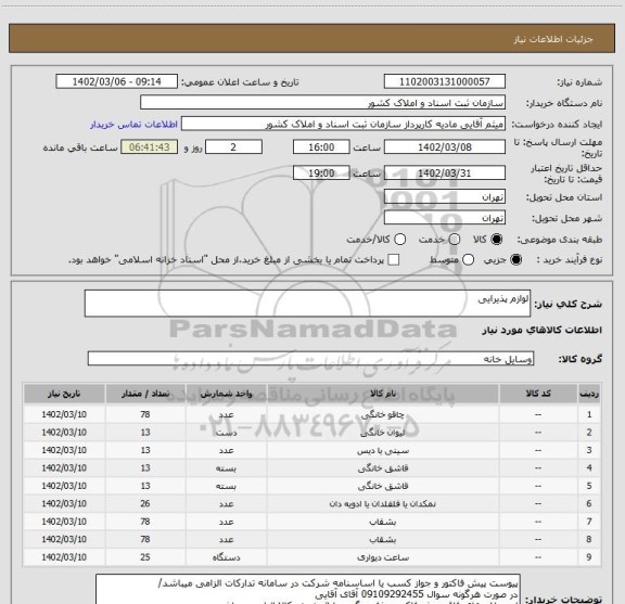 استعلام لوازم پذیرایی
