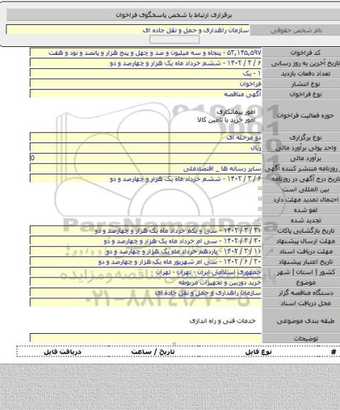 مناقصه, خرید دوربین و تجهیزات مربوطه