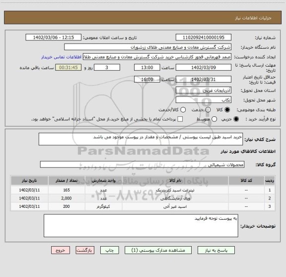 استعلام خرید اسید طبق لیست پیوستی / مشخصات و مقدار در پیوست موجود می باشد