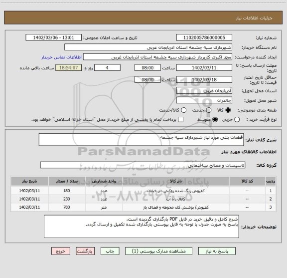 استعلام قطعات بتنی مورد نیاز شهرداری سیه چشمه