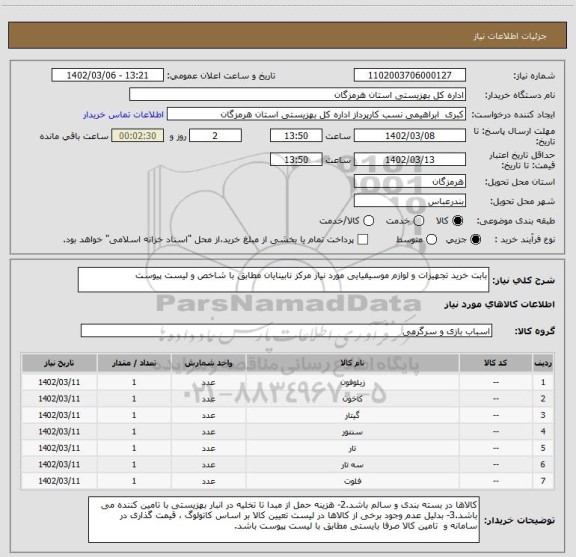 استعلام بابت خرید تجهیزات و لوازم موسیقیایی مورد نیاز مرکز نابینایان مطابق با شاخص و لیست پیوست