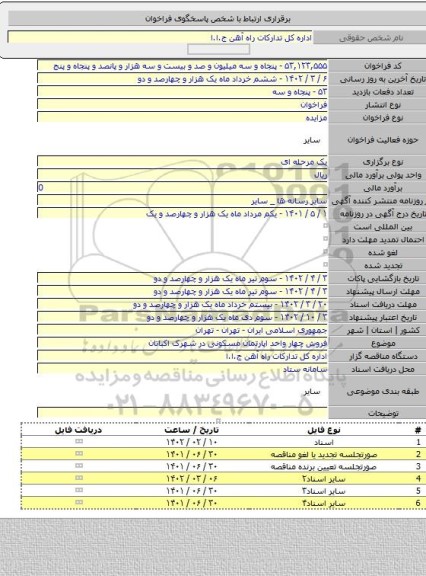 مزایده, فروش چهار واحد اپارتمان مسکونی در شهرک اکباتان