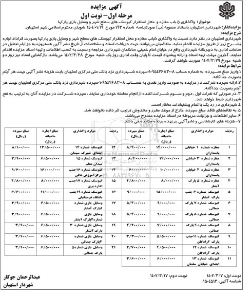 مزایده واگذاری 5 باب مغازه و محل استقرار کیوسک های سطح شهر و وسایل بازی پارکها