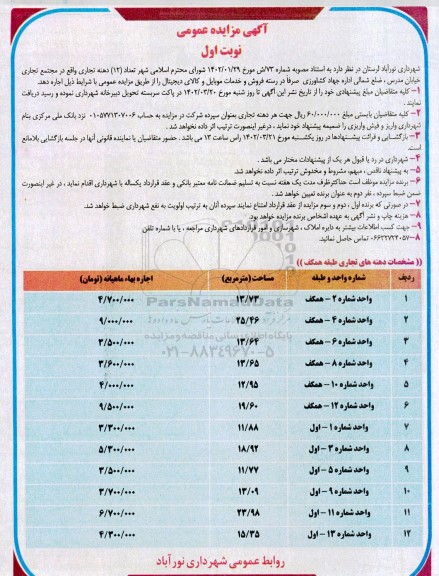 مزایده واگذاری تعداد (12) دهنه تجاری
