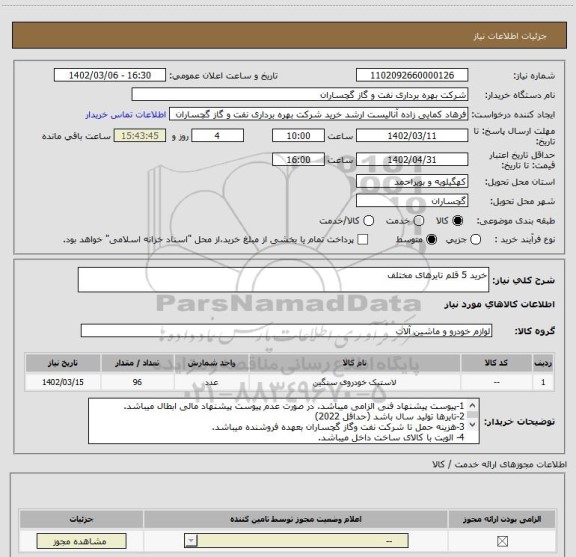 استعلام خرید 5 قلم تایرهای مختلف