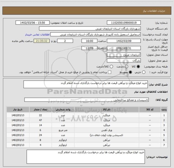 استعلام خرید انواع میلگرد و تیرآهن قیمت ها برابر درخواست بارگذاری شده اعلام گردد