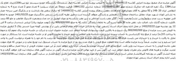آگهی مزایده ششدانگ یکدستگاه خودرو سیستم :پژو تیپ:206کاربری :هاچ بک مدل:1384