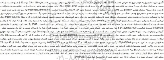 آگهی مزایده یک دستگاه اتومبیل سواری پژو پارس