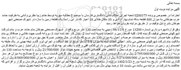 مزایده فروش زمینی به مساحت 130 متر مربع 