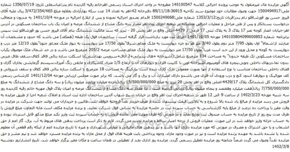 آگهی مزایده سه دانگ مشاع از ششدانگ عرصه و اعیان یک باب ساختمان مسکونی 