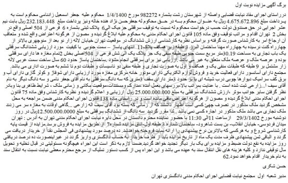 مزایده فروش سرقفلی جزءیک الی6 پلاک ثبتی بشماره 6 فرعی از 504 اصلی