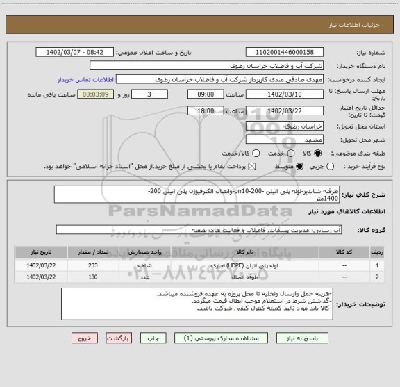 استعلام طرقبه شاندیز-لوله پلی اتیلن -pn10-200-واتصال الکترفیوژن پلی اتیلن 200-
1400متر