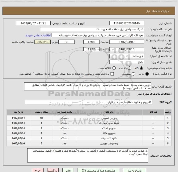 استعلام دوربین مدار بسته- ضبط کننده صدا و تصویر - سوئیچ 8 پورت و 4 پورت- هارد 4ترابایت- باکس فلزی (مطابق مشخصات فنی پیوست)