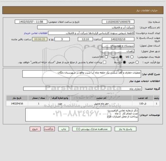 استعلام عملیات حفاری و کف شکنی یک حلقه چاه آب شرب واقع در شهرستان دلگان