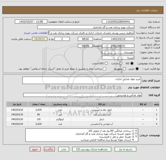 استعلام خرید مواد غذایی ادارات