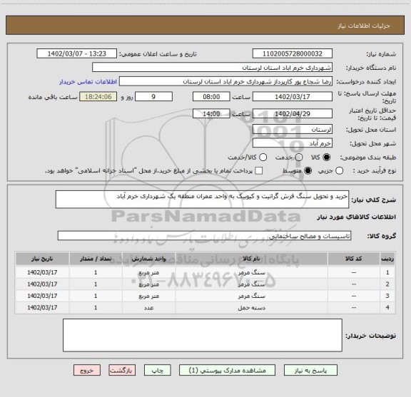 استعلام خرید و تحویل سنگ فرش گرانیت و کیوبیک به واحد عمران منطقه یک شهرداری خرم آباد