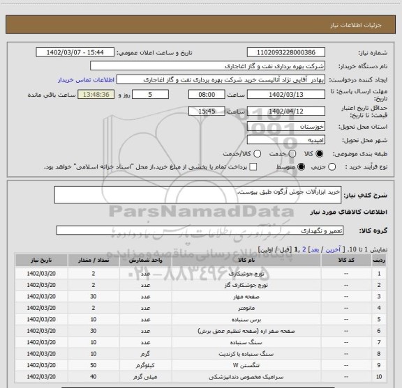 استعلام خرید ابزارآلات جوش آرگون طبق پیوست.