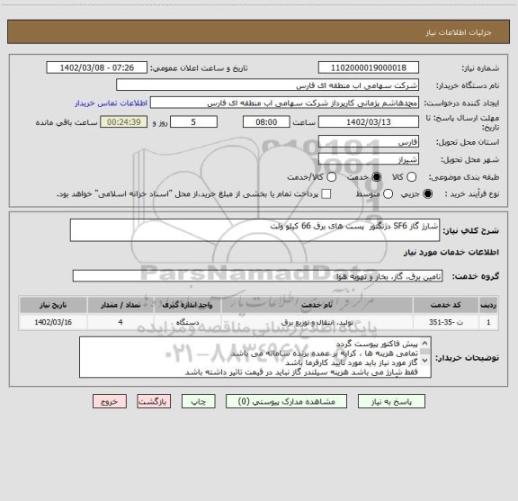 استعلام شارژ گاز SF6 دژنگتور  پست های برق 66 کیلو ولت