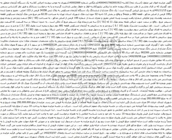 آگهی مزایده یک دانگ مشاع از ششدانگ یک دستگاه آپارتمان مسکونی به پلاک ثبتی 34358 فرعی از 123 اصلی