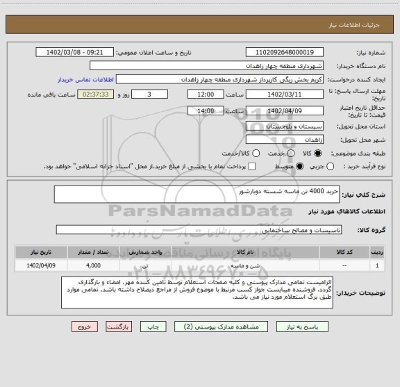 استعلام خرید 4000 تن ماسه شسته دوبارشور