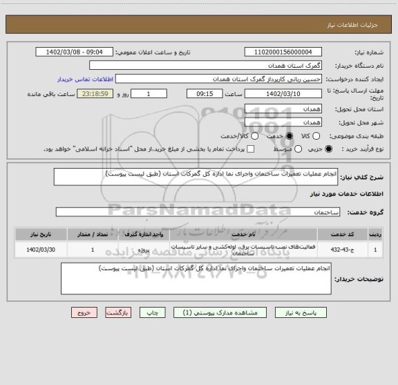 استعلام انجام عملیات تعمیرات ساختمان واجرای نما اداره کل گمرکات استان (طبق لیست پیوست)