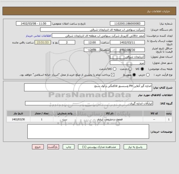 استعلام اندازه گیر آنلاین PH وسنسور الاکلنگی و لول سنج
