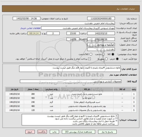 استعلام مایع دستشویی 4لیتری راپیدو یا اکتیو و چهار قلم دیگر طبق لیست پیوست