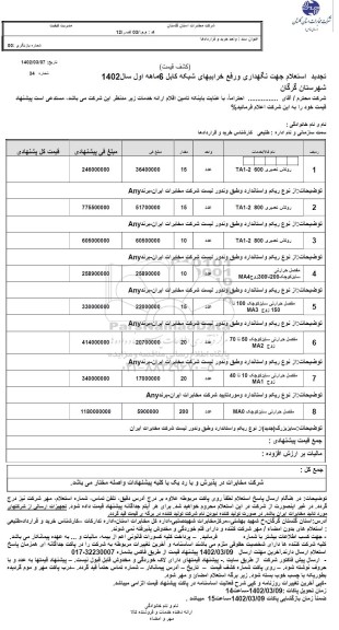 تجدید استعلام جهت نگهداری و رفع خرابی های شبکه کابل 6 ماهه اول سال 1402