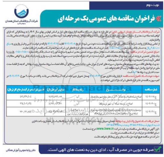 مناقصه​ اصلاح شبکه فاضلاب و ... - نوبت دوم