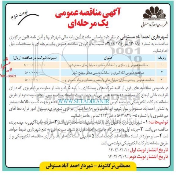 مناقصه عمومی زیرسازی و آسفالت مکانیزه خیابان های سطح شهر  و...