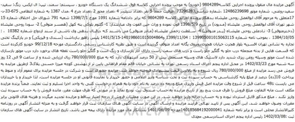 آگهی مزایده ششدانگ یک دستگاه خودرو ، سیستم: سمند، تیپ: ال ایکس