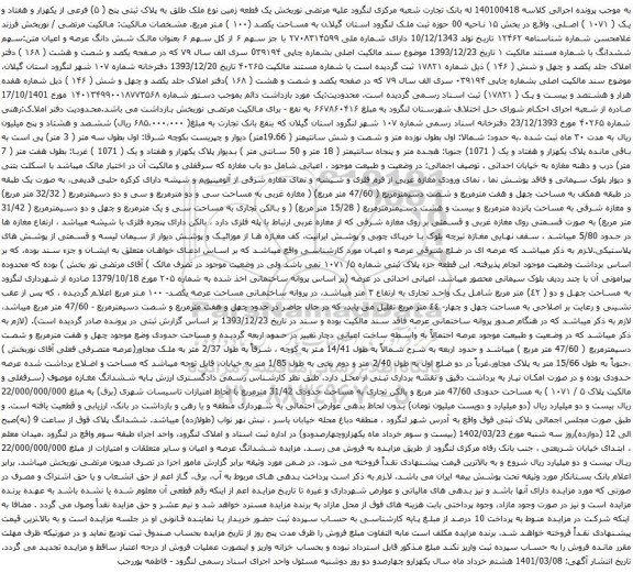 آگهی مزایده یک قطعه زمین نوع ملک طلق به پلاک ثبتی پنج ( ۵) فرعی از یکهزار و هفتاد و یک ( ۱۰۷۱ ) اصلی