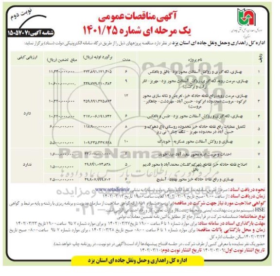 مناقصه بهسازی لکه گیری و روکش آسفالت ... ـ نوبت دوم