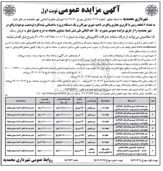 مزایده عمومی 6 قطعه زمین با کاربری تجاری واقع در ناحیه شهری مهرگان و یک دستگاه پروژه ساختمانی