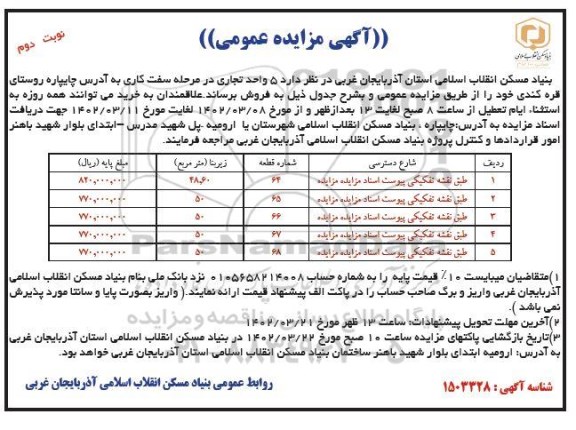 مزایده فروش 5 واحد تجاری در مرحله سفت کاری - نوبت دوم