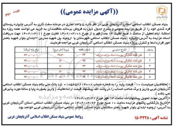 مزایده فروش 5 واحد تجاری در مرحله سفت کاری - نوبت دوم 