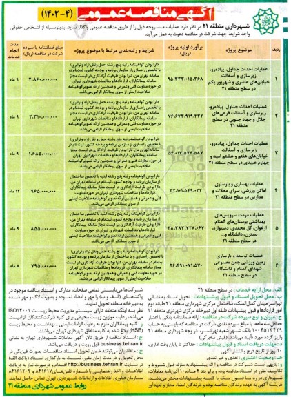 مناقصه عملیات احداث جداول ، پیاده رو ،خیابان های عاشری