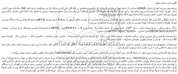 مزایده یک دستگاه سواری BYD  