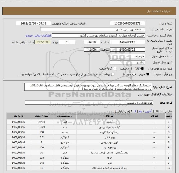 استعلام آبمیوه،کیک دوقلو،کلوچه ساکی،مربا،خرما،روغن زیتون،زردچوبه، فویل آلومینیومی،فلفل سیاه،رب انار،شکلات نانی، بیسکوئیت کنجدی،شکلات کیفی(برابر با شرح پیوست)