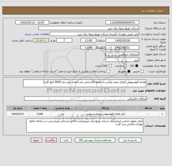 استعلام هادی آلومینیومی آلیاژی بدون روکش به مقطع 50سانتی متر (مقدار مورد نیاز 5000 کیلو گرم)