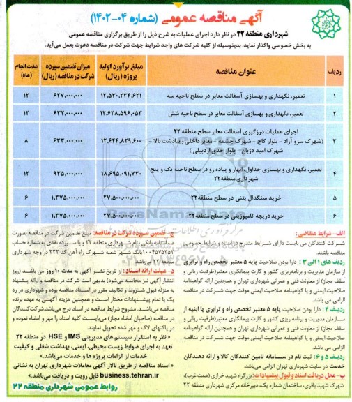 مناقصه تعمیر، نگهداری و بهسازی آسفالت معابر و...